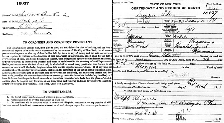 Lizzie Adler death certificate