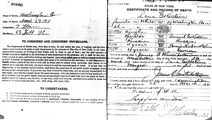 Lena Goldstein death certificate