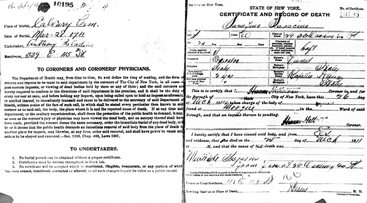 Sarafina Saracino death certificate