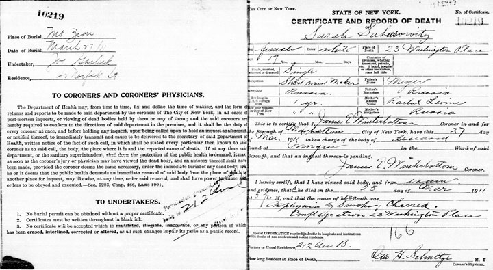 Sarah Sabasowitz death certificate