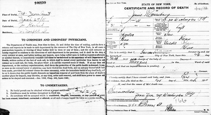 Jennie Rosenberg death certificate