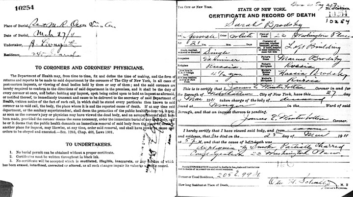 Sarah Brodsky death certificate