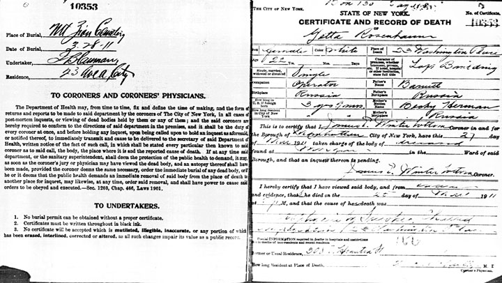 Yetta Rosenbaum death certificate