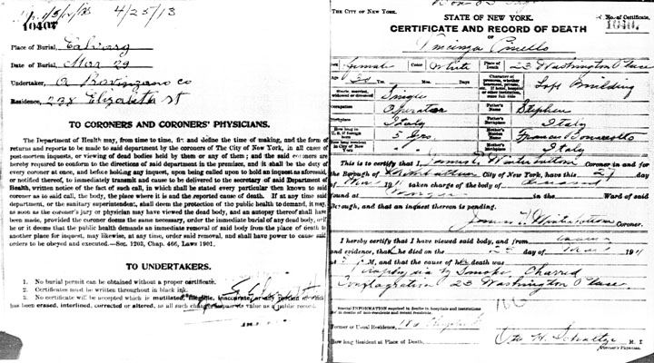 Vincenza Pinelli death certificate