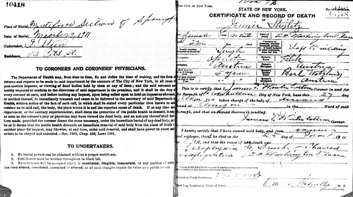 Jennie Stiglitz death certificate