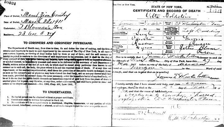Yetta Goldstein death certificate