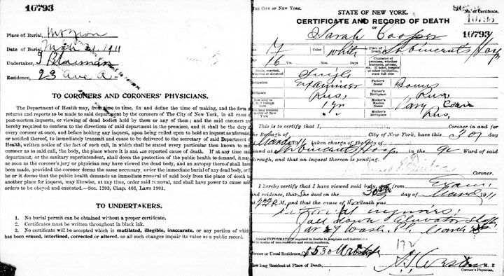 Sarah Cooper death certificate