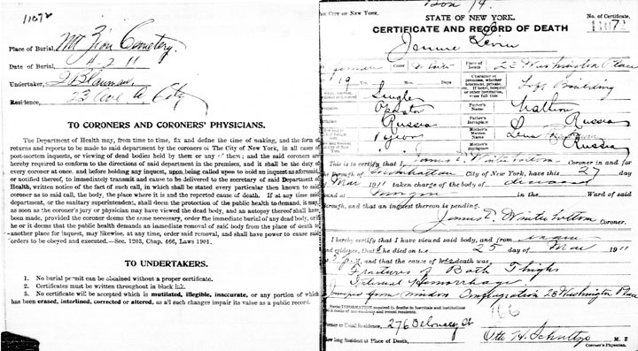 Jennie Levin death certificate