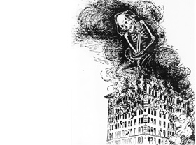 Illustration of the grimreaper rising from the smoke above the burning Asch Building