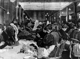 Illustration of a typical dressmaking shop in the early 1900's