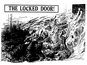 The Locked Door, illustration of women trapped at the locked door on the ninth floor with fire beginning to consume them
