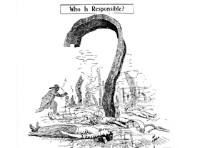Illustration of victims lying on the ground and in the center a piece of steel in the shape of a question mark